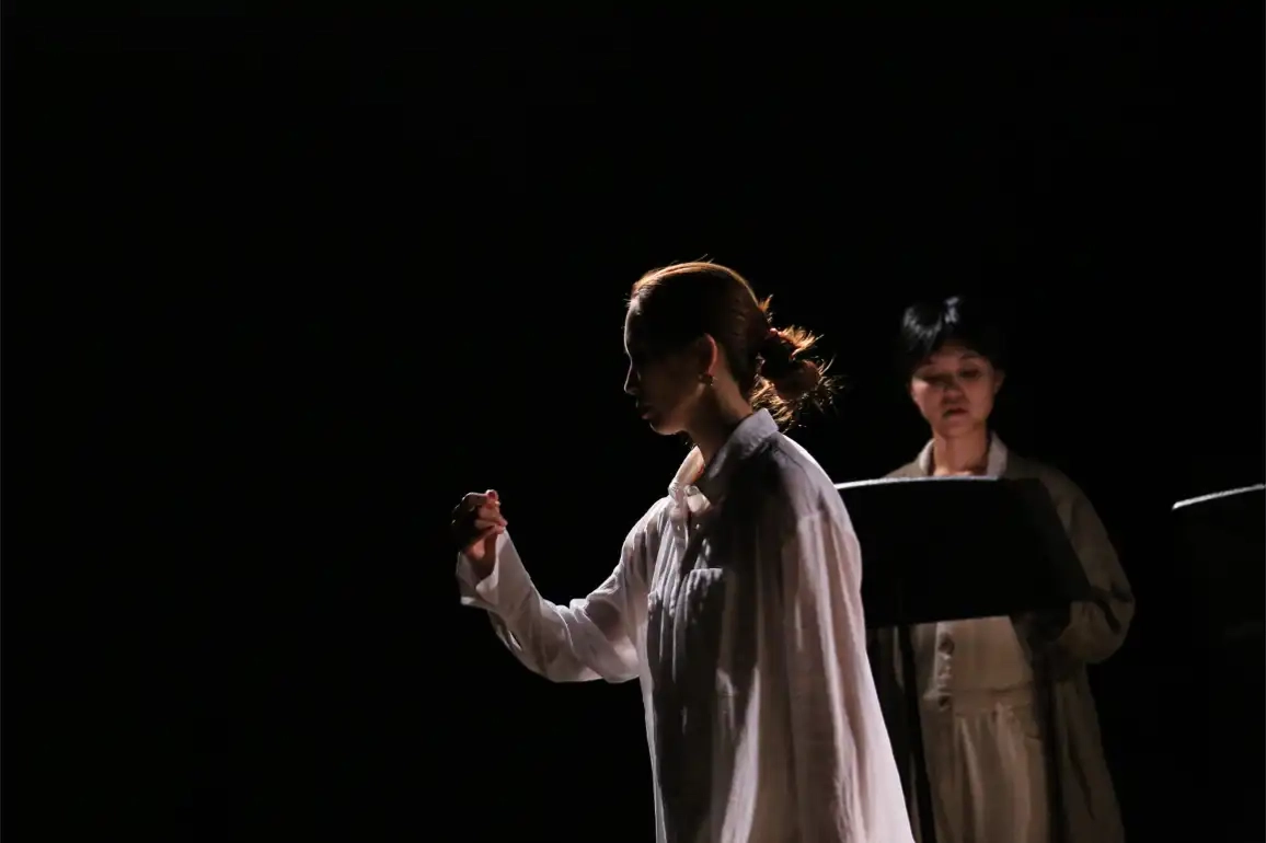 Character covered in shadow delivers a speech, while watched by other character in the background